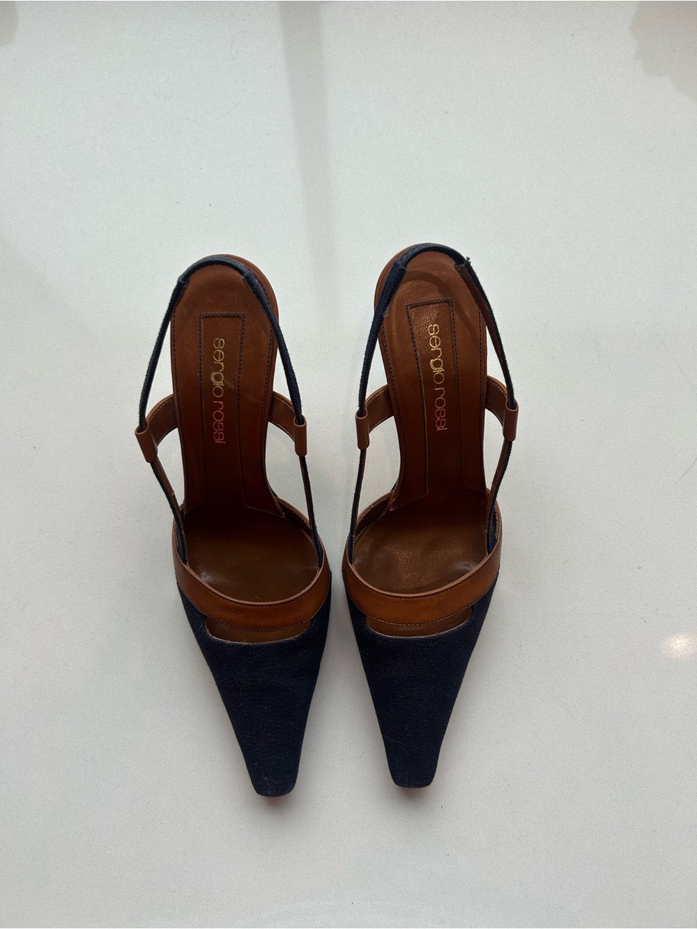 Blue Canvas and Leather Sling back heel
